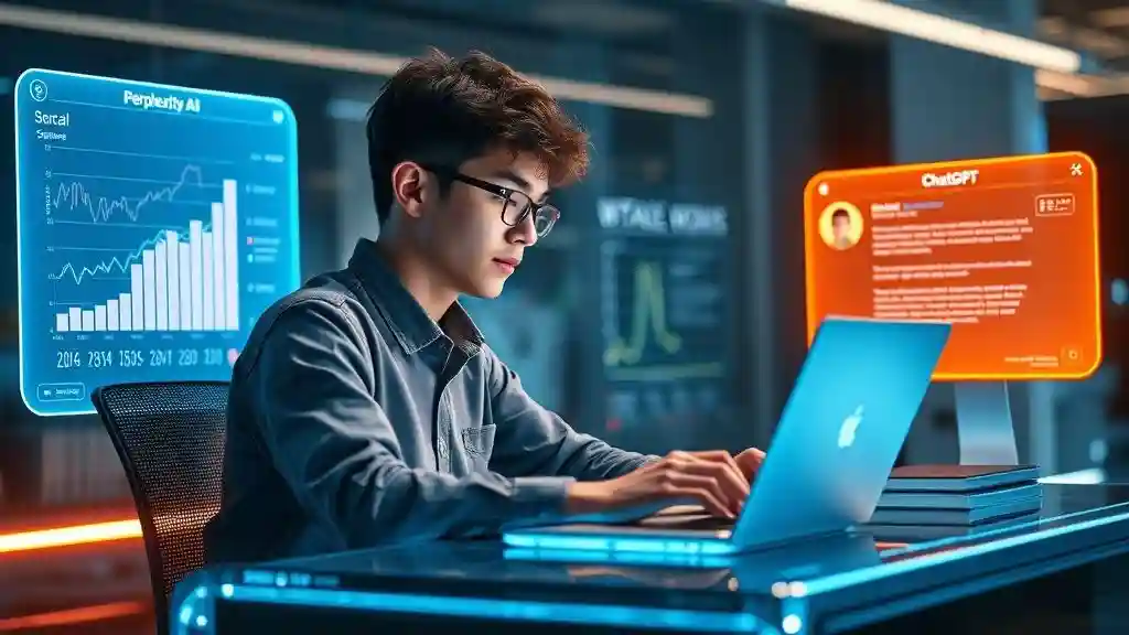 Student using Perplexity AI for research and ChatGPT for writing help