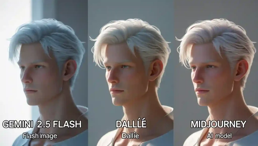 Visual comparison of Gemini 2.5 Flash Image, DALL·E, and MidJourney showing character consistency across multiple images.