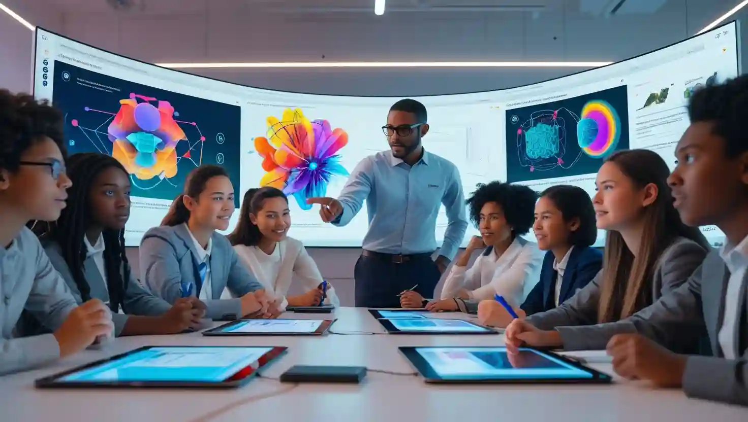 Teacher using Gemini 2.5 Flash Image to display AI-generated diagrams and interactive visuals for students in a classroom.