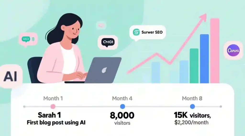 Infographic showing how Sarah grew her AI-powered blog from zero to $2,200/month in 8 months using consistent publishing and AI tools