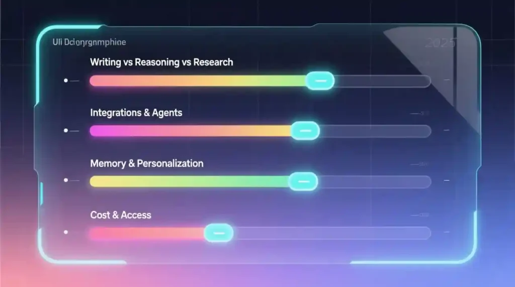 Minimal modern infographic showing 4 sliders: Writing vs Reasoning vs Research, Integrations & Agents, Memory & Personalization, Cost & Access. Futuristic UI dashboard style, sleek and colorful, 2025 design aesthetic.”