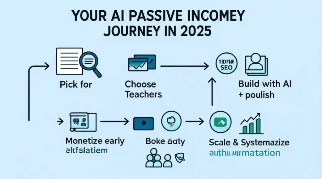 A 5-step roadmap to start AI passive income in 2025: niche selection, platform choice, AI creation with human polish, early monetization, and scaling into systems.