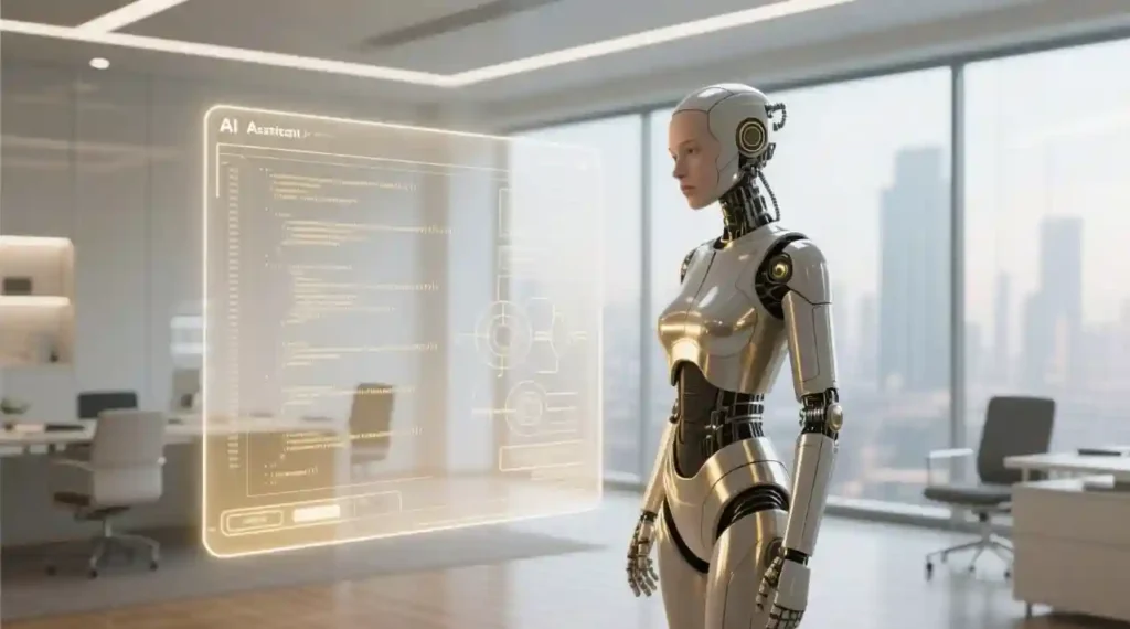 “Elegant futuristic AI assistant in a calm office setting, holographic text editor open, showing structured logical writing. Soft white & gold tones, minimalist, conveying careful safety and clarity.”