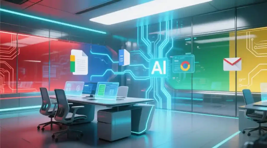 “Futuristic vision of AI assistants in 2027: multimodal AI Chatbots (text, images, voice) integrated into daily life, holographic memory assistant floating across laptop, phone, and smart glasses, emotional intelligence UI checking mood.”