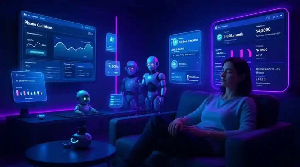 AI Passive Income in 2025 A person relaxes while AI tools work in the background, generating passive income through blogs, YouTube, and digital products — symbolizing financial freedom with AI in 2025.