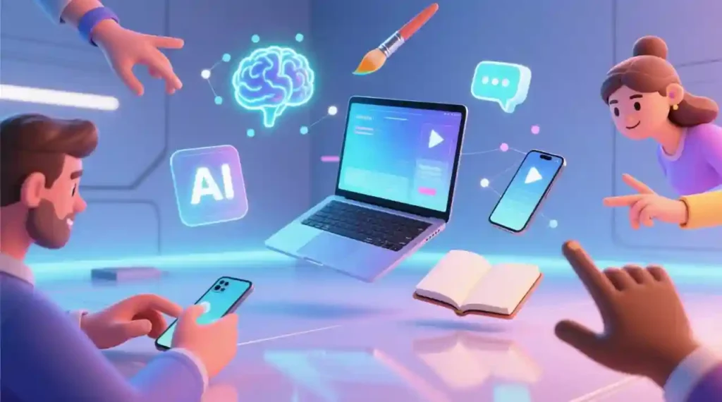 Featured image: A beginner-friendly AI tools dashboard showing writing, design, and productivity apps in a futuristic, welcoming workspace.