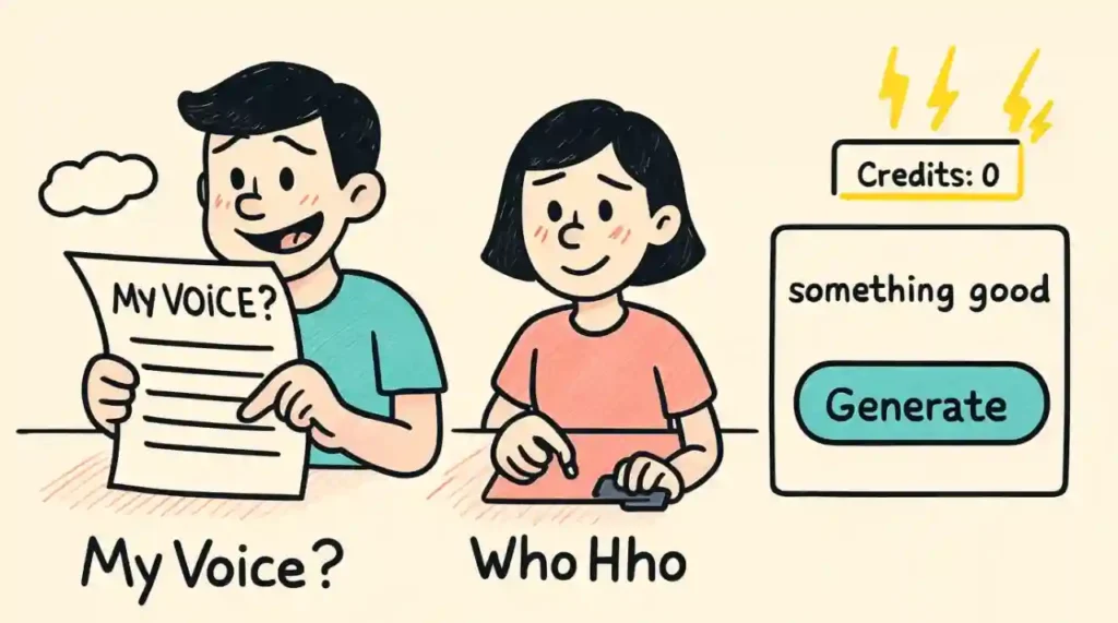 Cartoon: Common beginner mistakes with free AI tools — copying without editing, burning credits, and vague prompts.