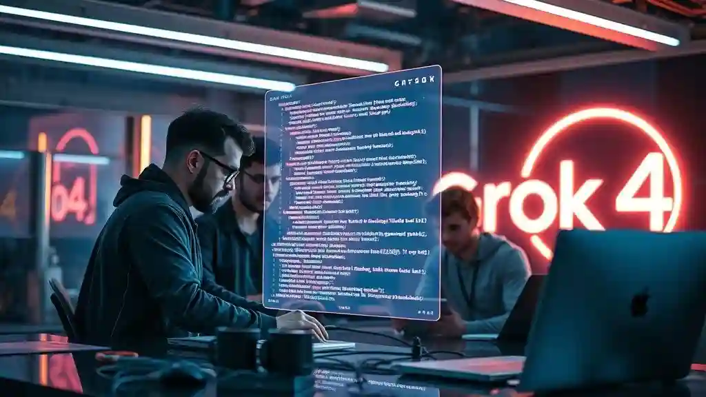 Programmer collaborating with Grok 4 AI to fix Python code errors and accelerate software development projects.