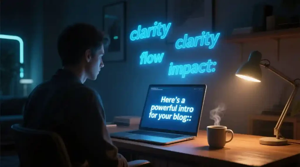 AI Tools Powered by LLMs "A writer sits in a cozy home office at night, illuminated by a warm desk lamp, staring in amazement at their laptop screen where AI-generated text is forming in real time. Glowing blue words float above the monitor, symbolizing creativity and inspiration. A steaming coffee mug rests beside the keyboard, capturing the emotional moment of discovering AI's potential for writing."
