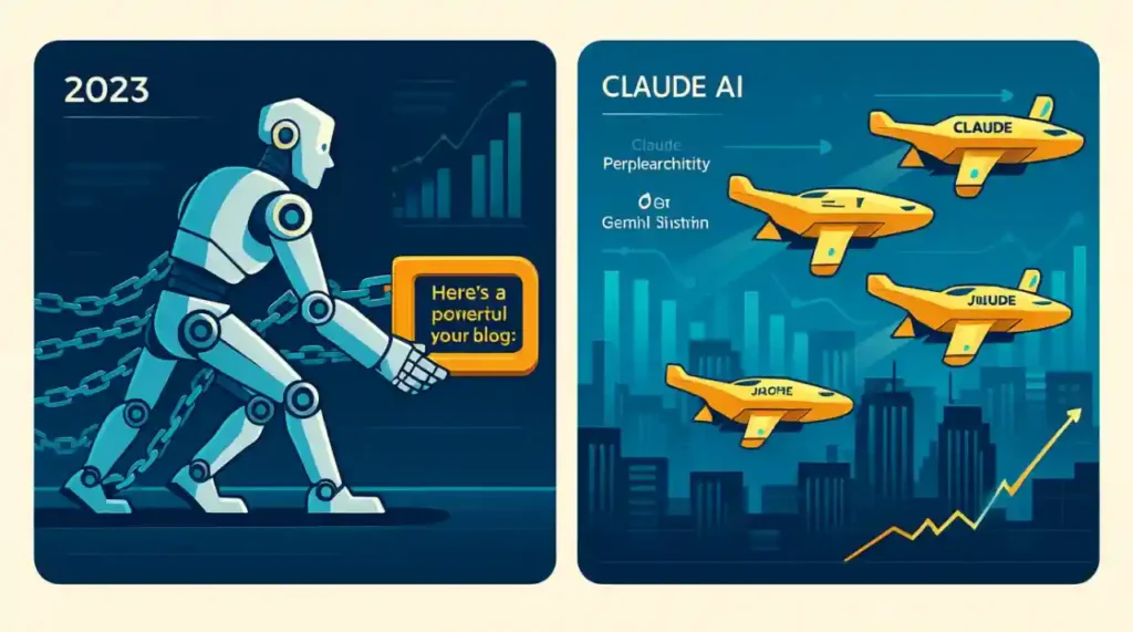 A split timeline comparing AI tools in 2023 versus 2025. On the left, a slow robot struggles under the weight of repetitive text, symbolizing outdated AI. On the right, agile AI drones labeled with top 2025 models deliver targeted content, research, and code over a glowing digital city. Upward trend lines and satisfaction icons highlight the rapid advancement in AI performance and specialization.