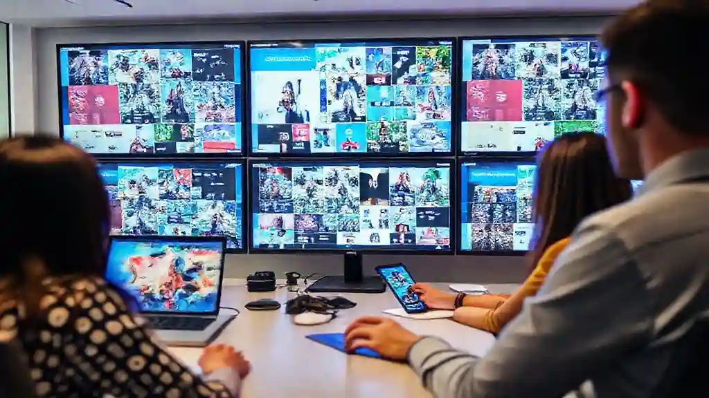 “Marketing team using DALL·E 3 AI images for business content creation.”