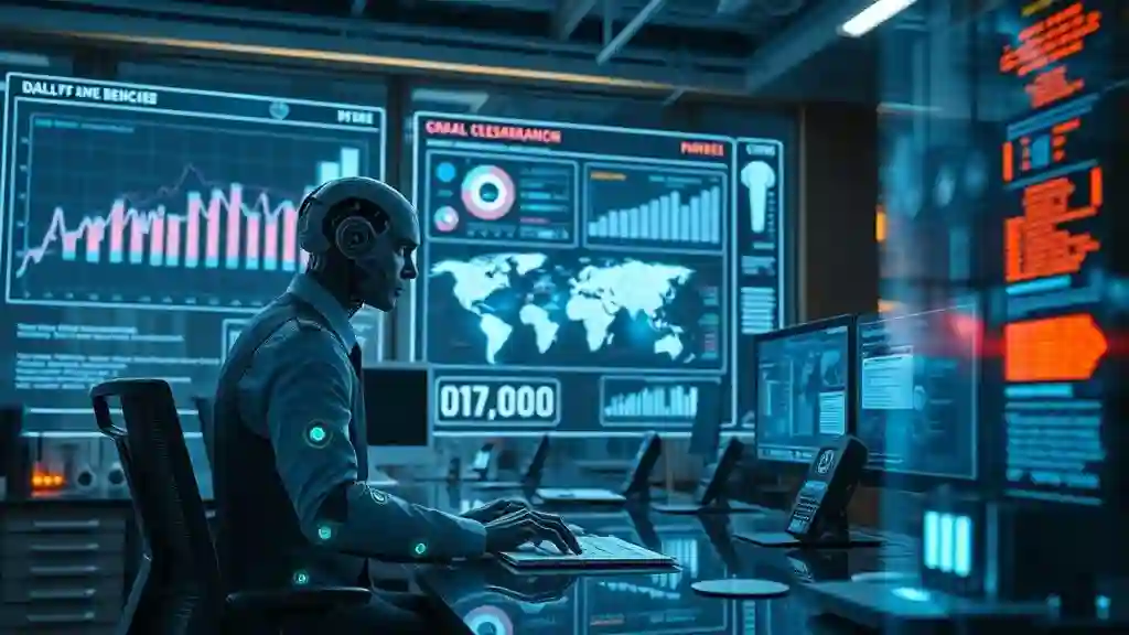 Futuristic workspace showing Gemini 2.5 Flash Image as a holographic AI assistant generating consistent characters on multiple screens.