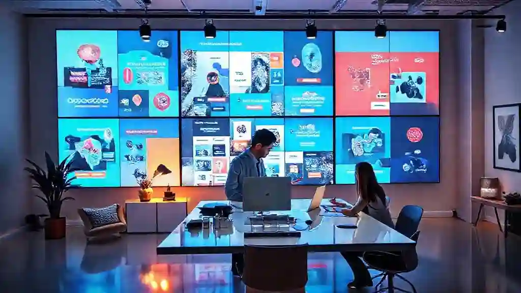 Social media marketer using Gemini 2.5 Flash Image to design consistent branded visuals across campaign screens in a modern studio.