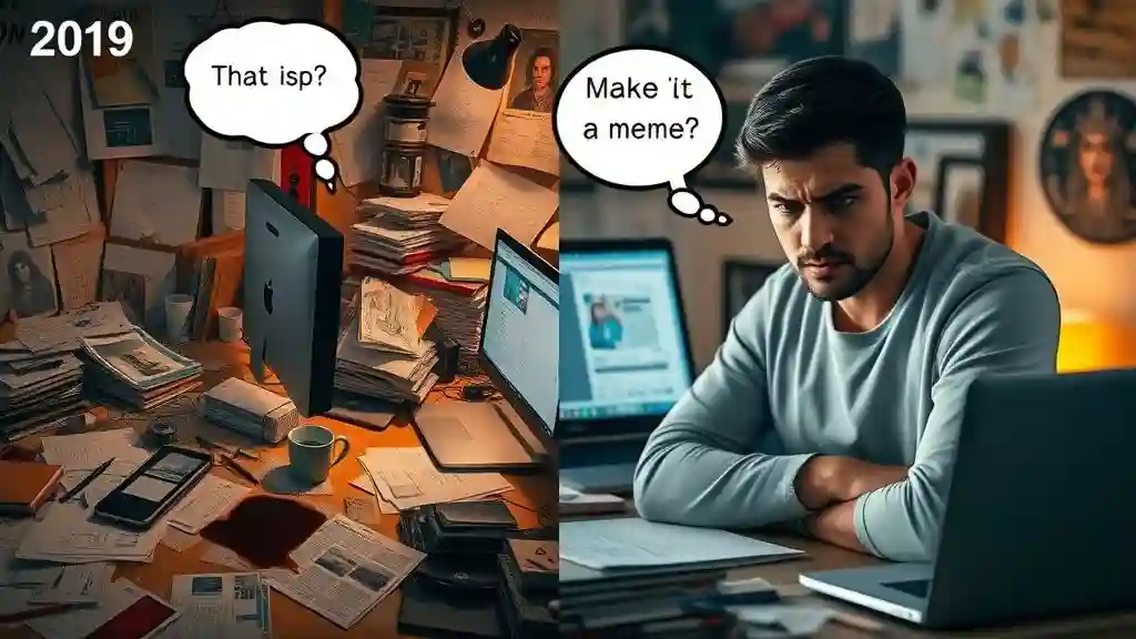 Comparison of meme creation: manually editing in Photoshop (2019) vs. generating memes instantly with AI (2025), showing how AI has simplified content creation.