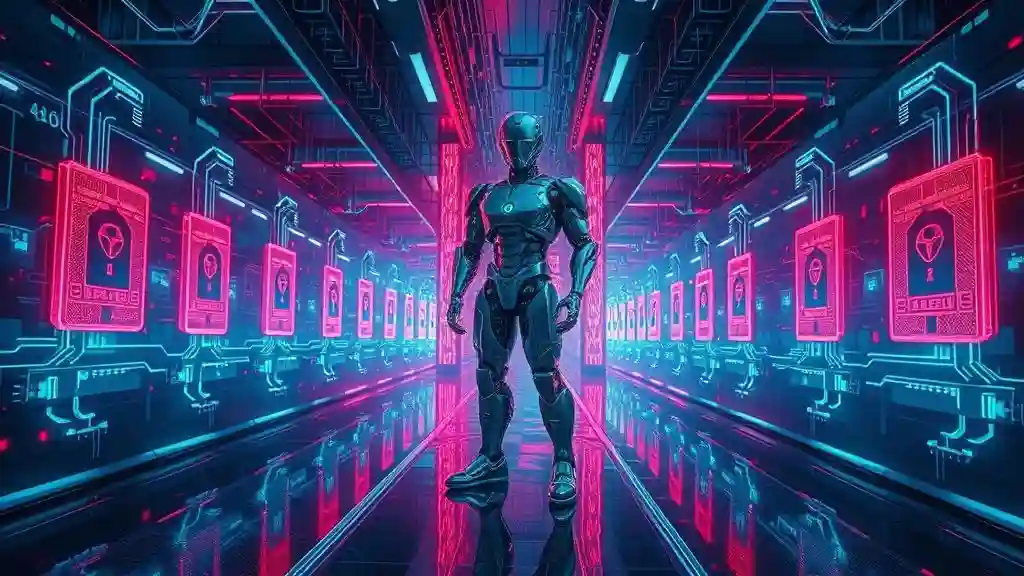 Autonomous AI agent guarding digital firewalls, preventing hacks and data breaches in a cybersecurity environment.