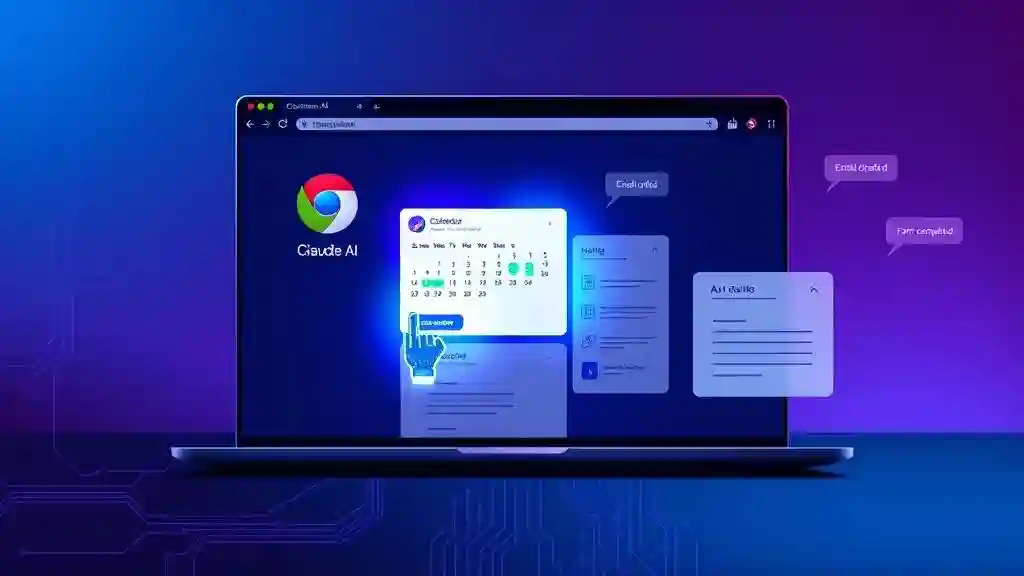 "Claude Chrome Extension AI assistant interface showing automated web tasks including calendar scheduling, email drafting, and form filling with blue highlighted interactions"
Placement: Immediately after the headline, before the first paragraph
