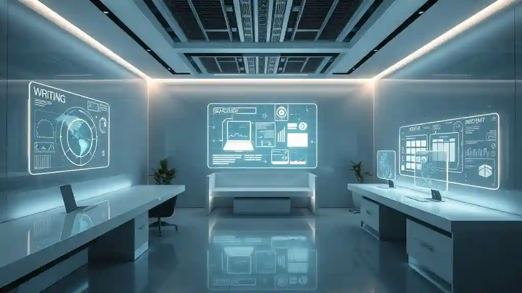 Futuristic AI tools dashboard for content, coding, and productivity in 2025