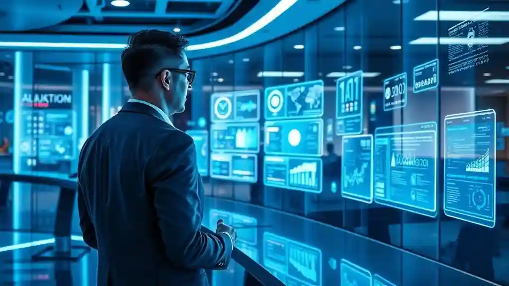 Business manager supervising multiple AI agents on holographic screens, symbolizing collaboration between humans and autonomous AI.