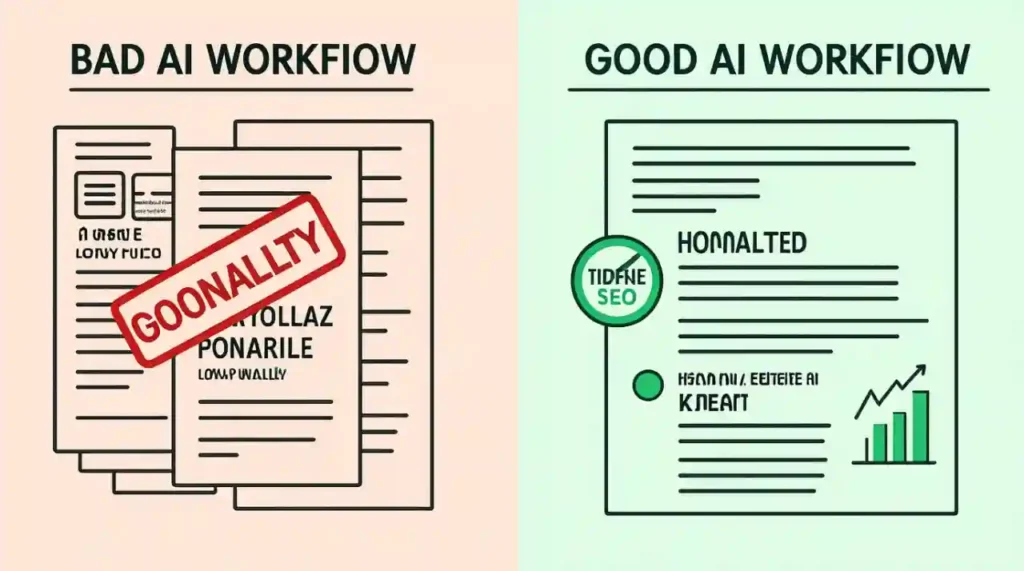 Left: Poor AI use leads to spam and low traffic. Right: Human-edited, strategic AI content earns trust and income — the key to real passive income in 2025.