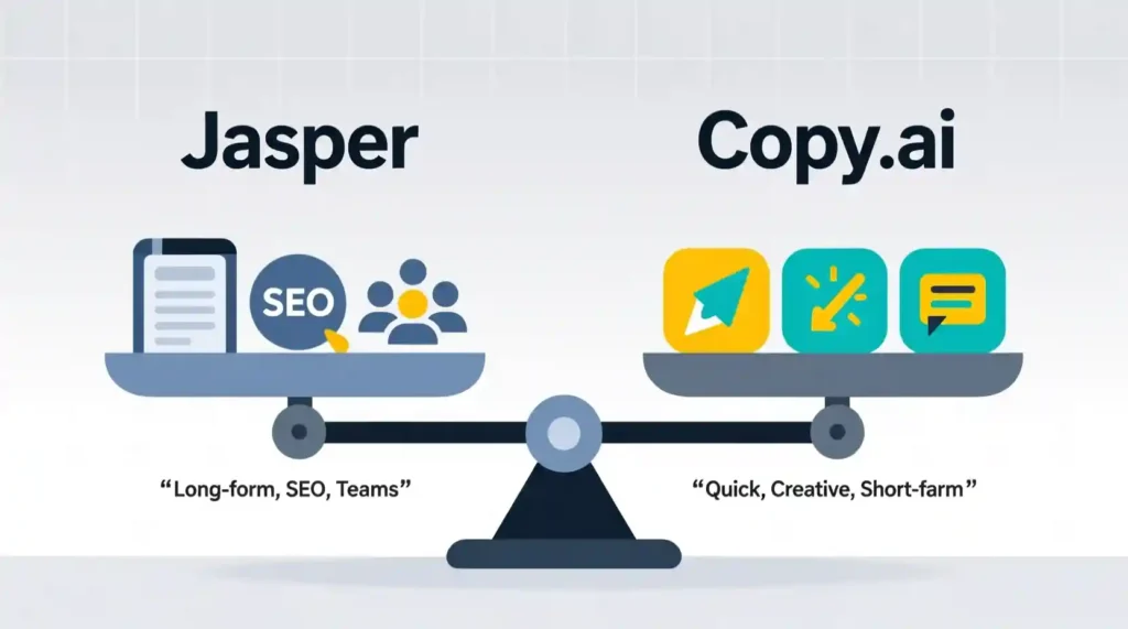 Pros and cons of Jasper vs Copy.ai represented visually with scales