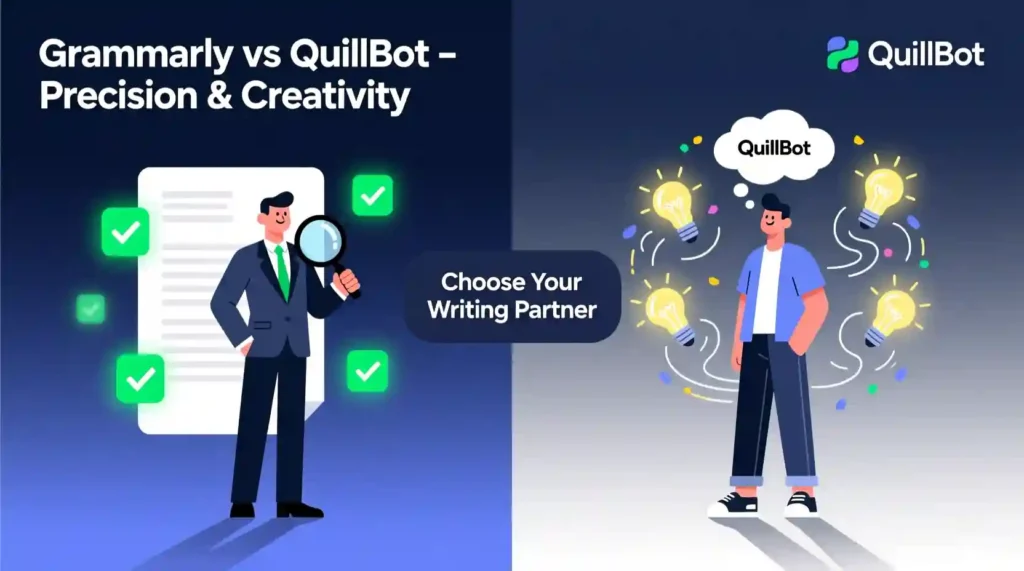 Grammarly vs QuillBot side-by-side illustration of AI writing tools