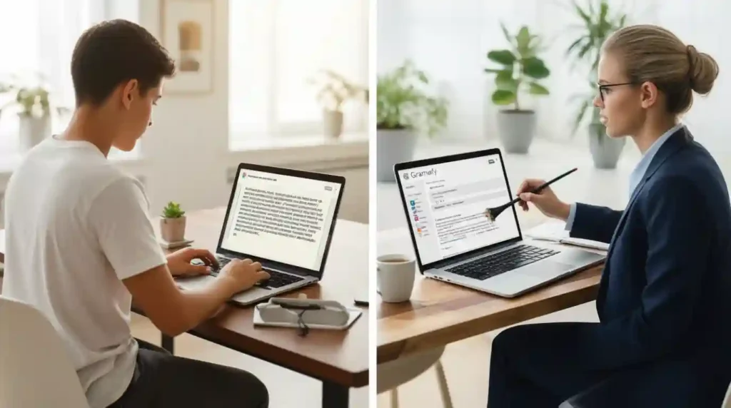 Student using QuillBot and professional using Grammarly in real-world tasks