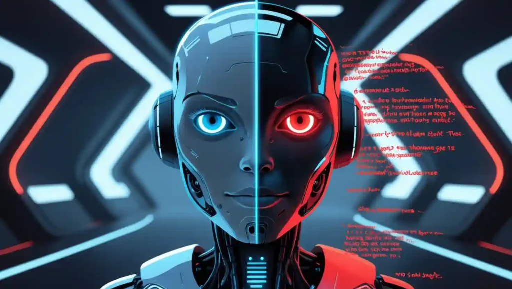 Digital illustration of a chatbot with split personality—one side giving correct answers, the other side outputting random, incorrect text