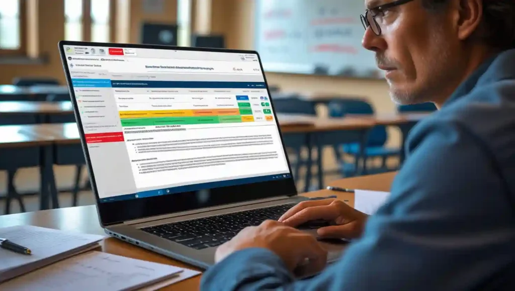 Teacher using GPTZero AI detector to review student essays in classroom