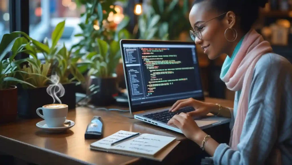 Blogger using ZeroGPT AI detector on laptop in coffee shop