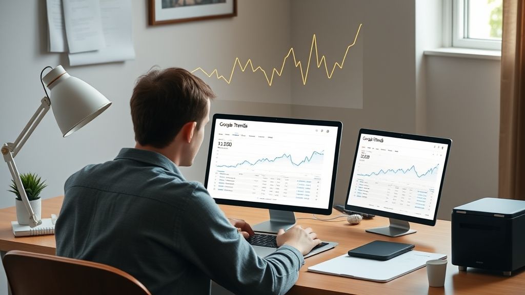 Blogger using Google Trends to find trending keywords in 2025.