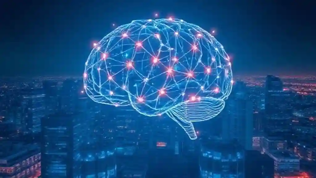 Artificial Intelligence in 2025 – futuristic glowing AI brain above a digital city skyline.