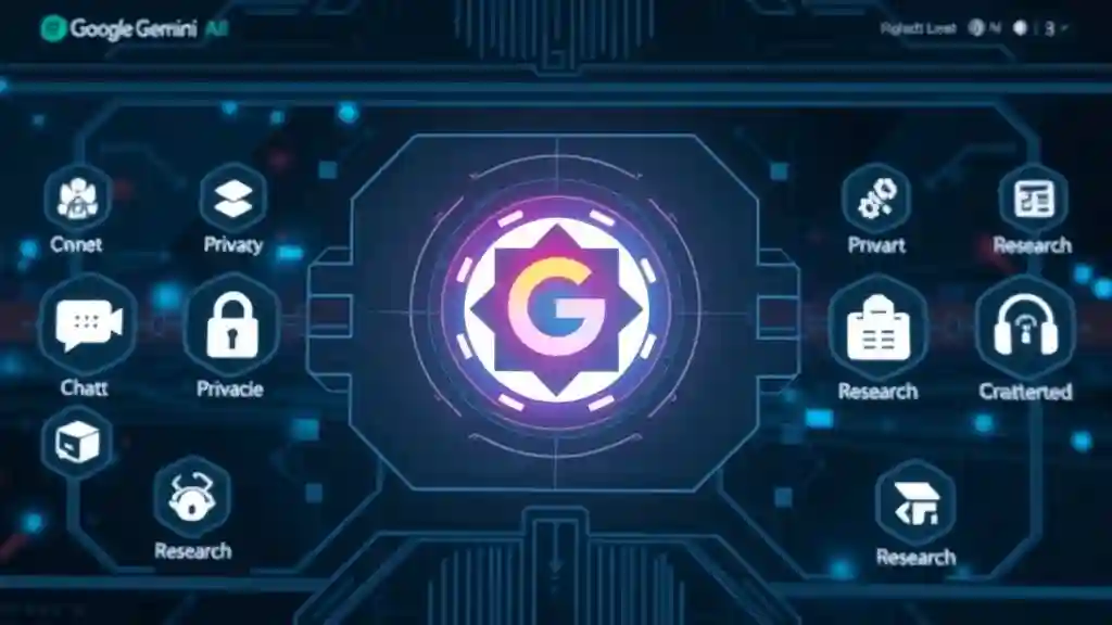 Google Gemini AI updates banner with icons for privacy, image editing, and research features