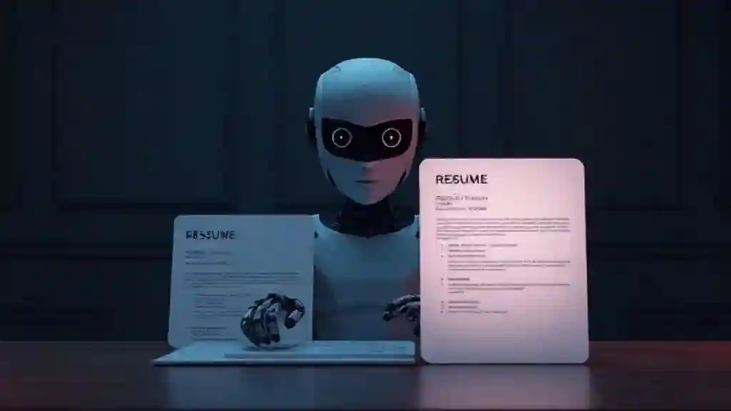 AI recruitment tool showing bias between two resumes, symbolizing fairness challenges.