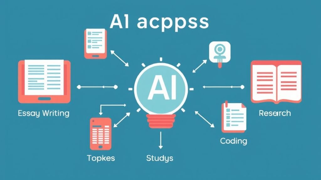 Diagram showing how AI tools help students with research, essays, coding, notes, and planning.