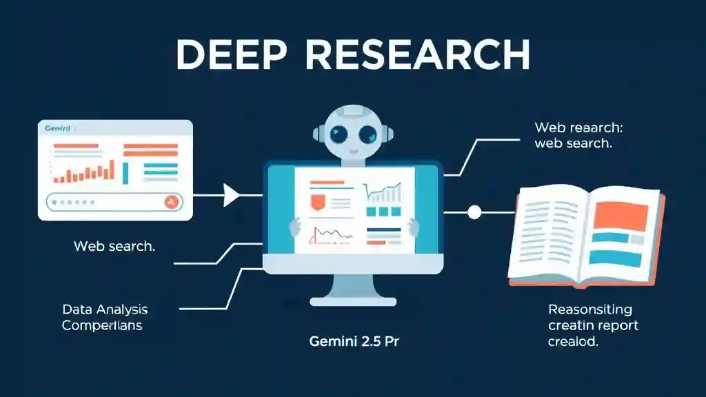 Google Gemini Deep Research infographic showing AI planning, searching, and reporting