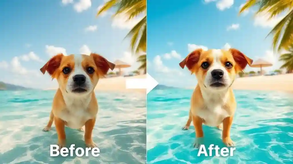 Google Gemini AI image editing blending a dog into a vacation background.