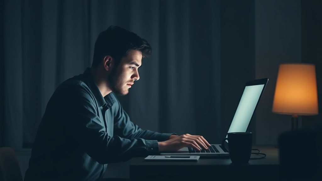 Blogger writing late at night using AI tools for undetectable blog content.