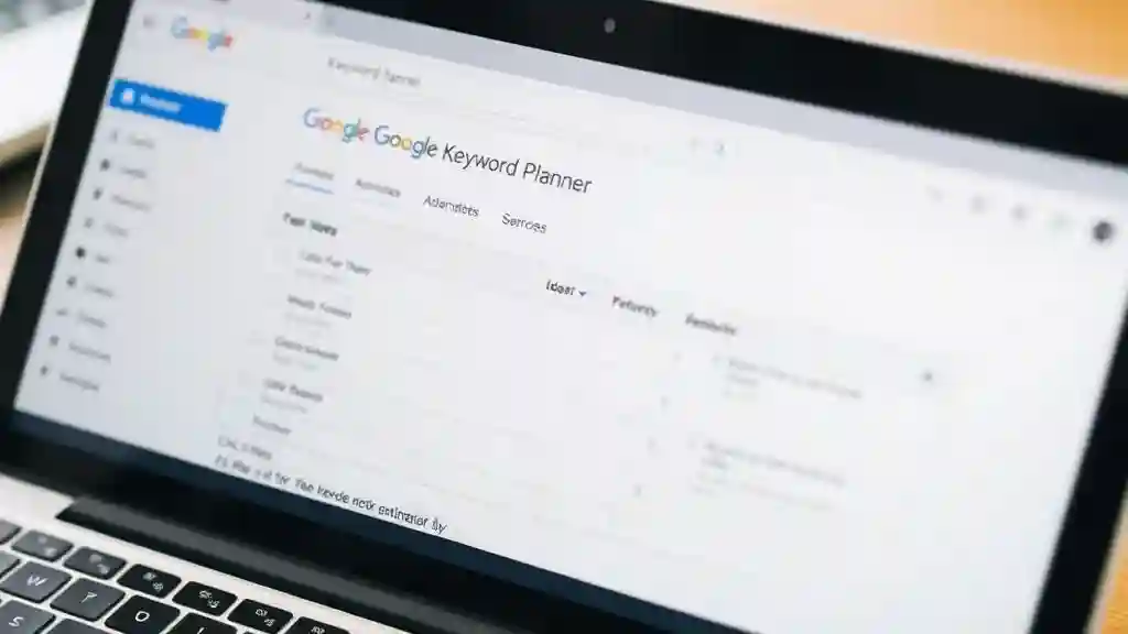 Screenshot-style visual of Google Keyword Planner interface with keyword ideas.