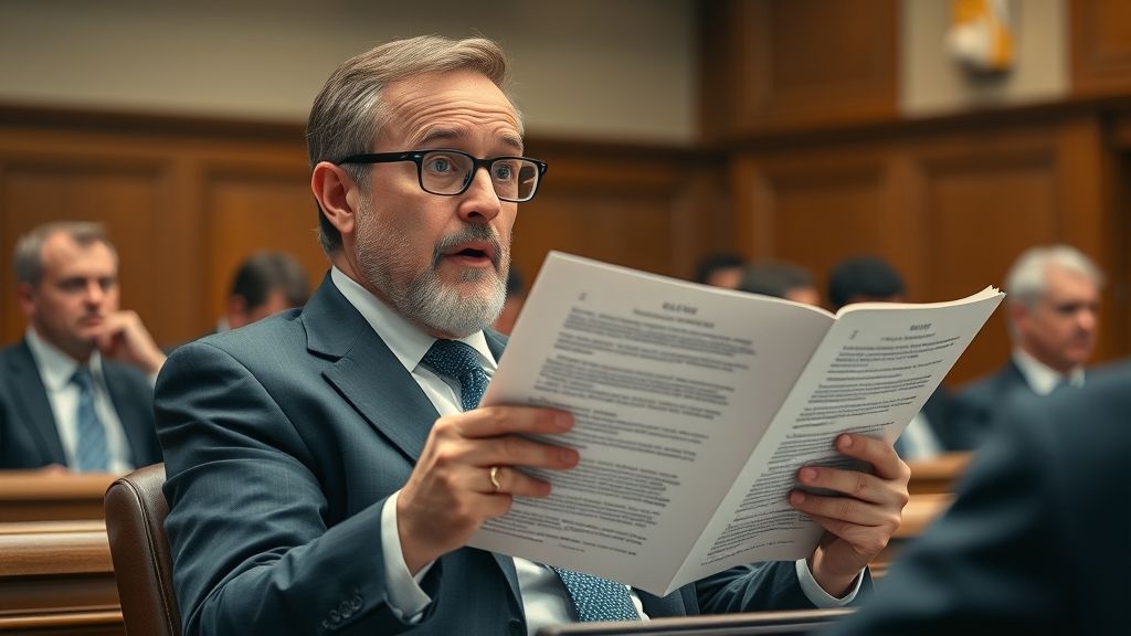 Lawyer discovering fake case citations generated by AI in a courtroom.