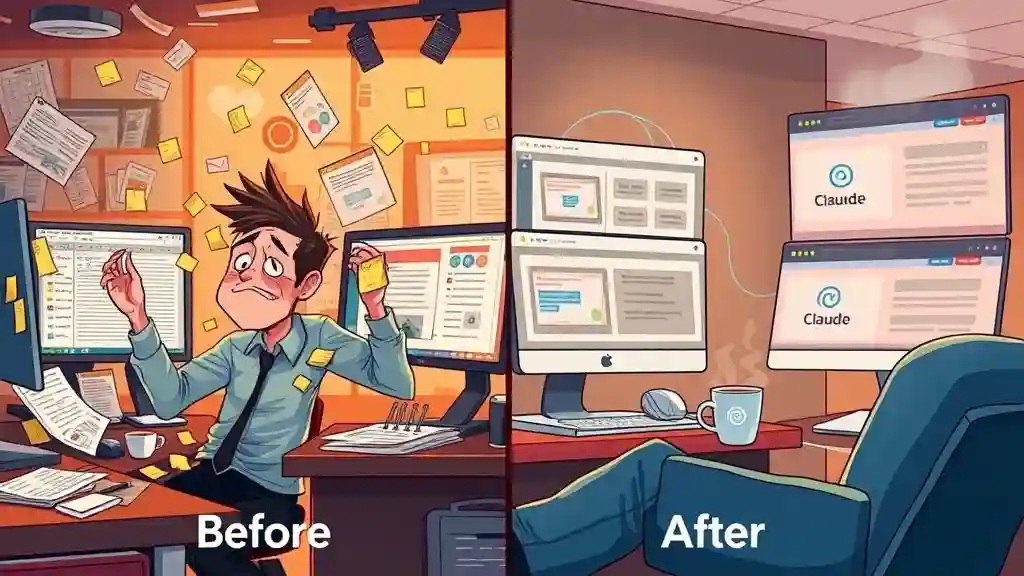 "Before and after comparison showing manual web task management versus Claude Chrome Extension automation reducing workload and stress" Placement: After "Real-World Power: What It Actually Does" section