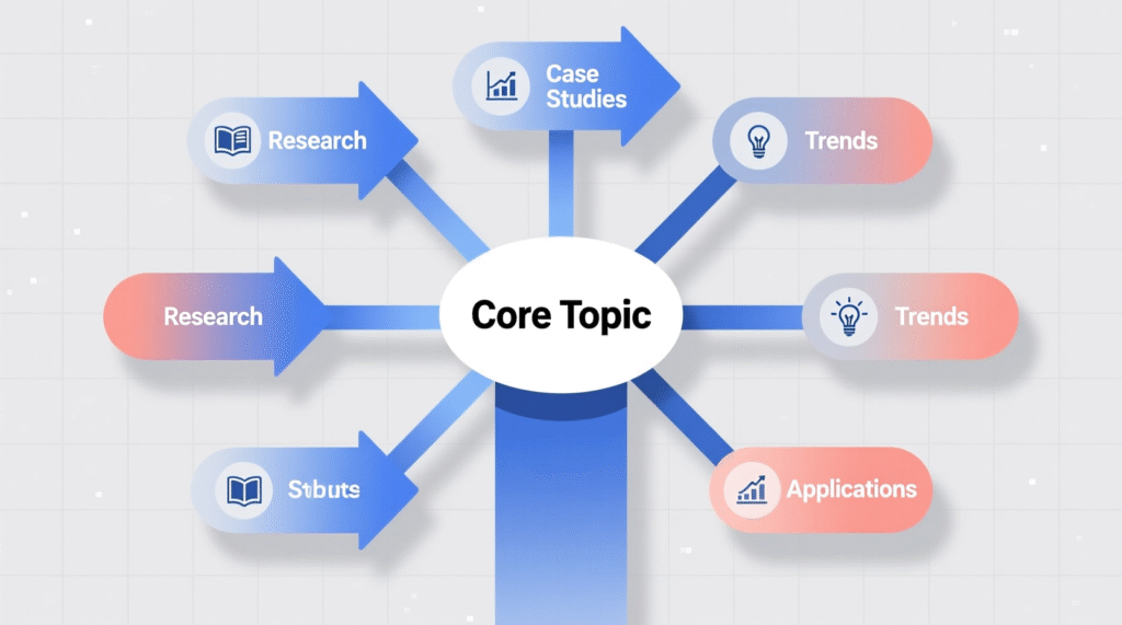 “A structured topic cluster diagram showing pillar content in the center with related subtopics branching out.”