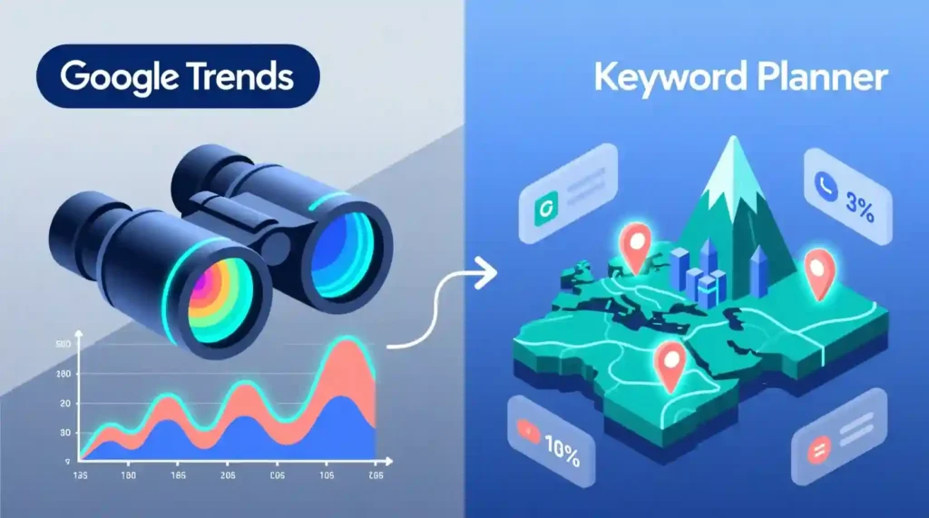 Comparison of Google Trends vs Google Keyword Planner for content strategy.