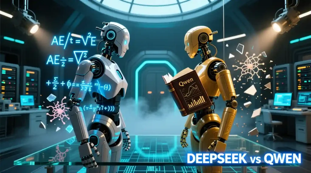 DeepSeek vs Qwen AI comparison illustration — research-focused vs generalist approach