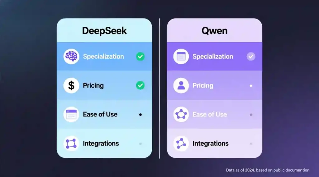 Feature comparison chart of DeepSeek vs Qwen for research writing
