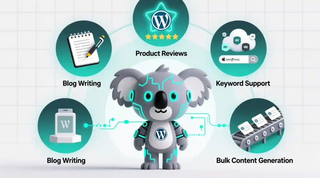 Koala AI features – blog writing, reviews, WordPress publishing, keyword optimization