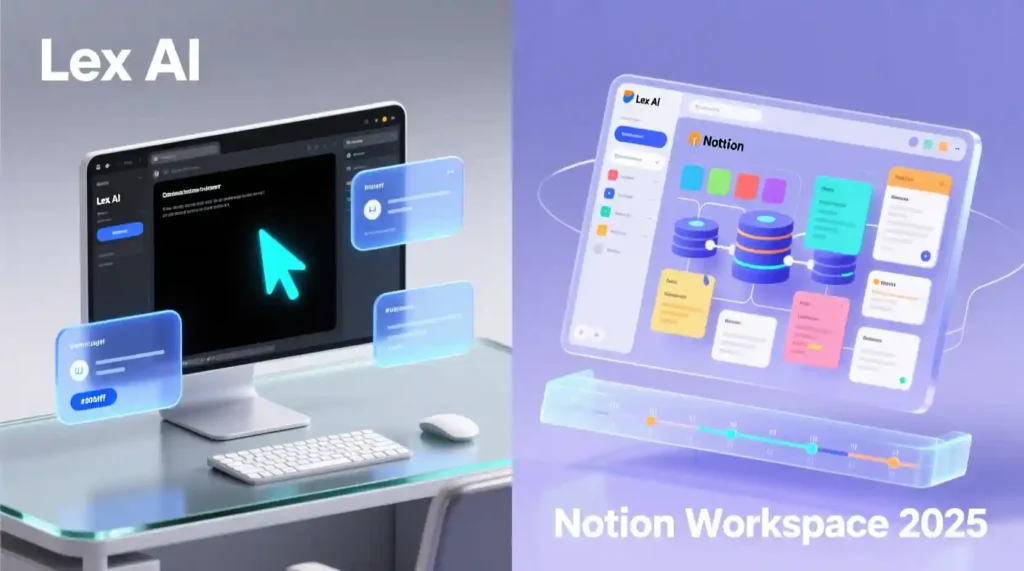 Lex vs Notion AI illustration showing writing focus vs productivity workflow tools