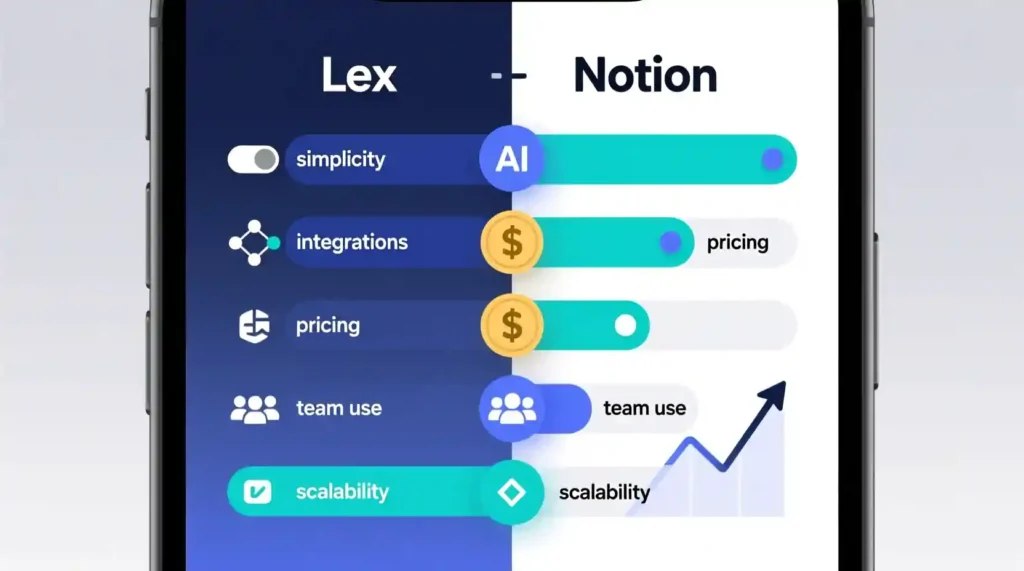 Lex vs Notion AI feature comparison infographic 2025