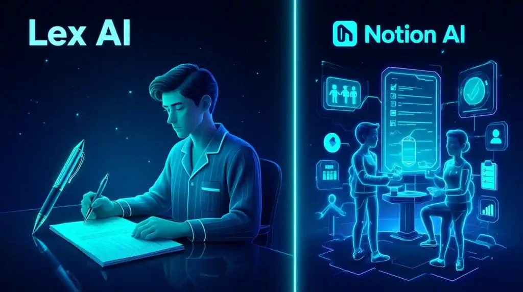 Lex vs Notion AI balance illustration for writers vs teams