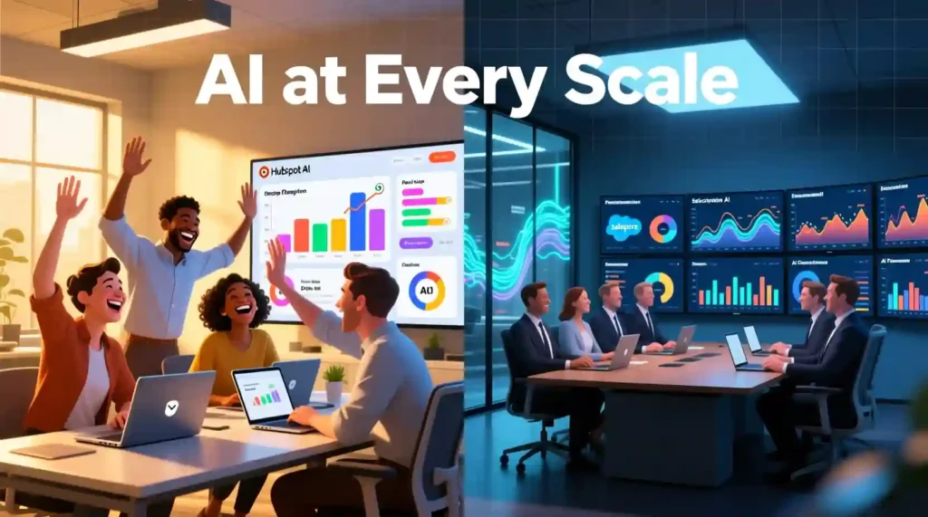 HubSpot AI for startups vs Salesforce AI for enterprise workflow illustration