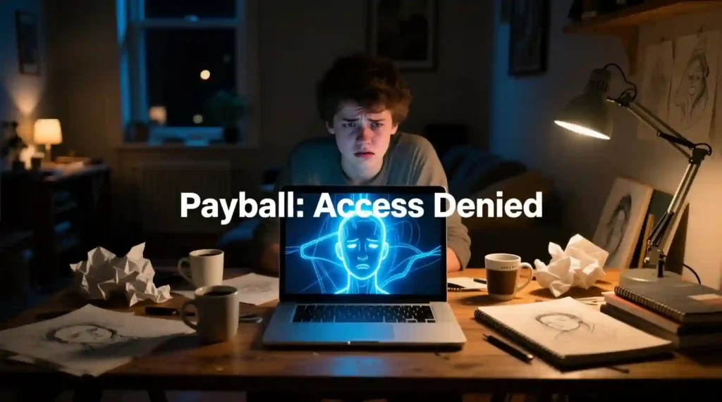 Frustrated creator using AI art generators at night, facing paywalls and limits.